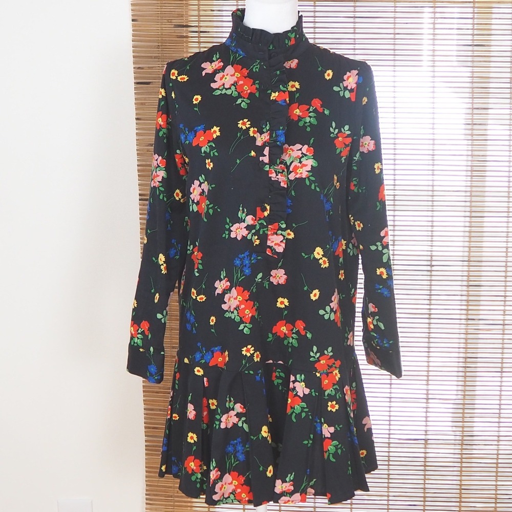Tuckernuck Tate Dress Women's XXS Black Floral Ruffle Drop Waist Mini Preppy